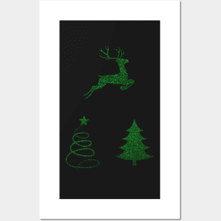 Deep Green Faux Glitter Christmas Trees and Reindeer Pack Posters and Art